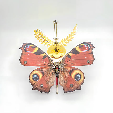 Vibrant mechanical steampunk butterfly metal model, a striking 3D puzzle Metal Kit with bright red wings and intricate gear details, ideal for collectors of steampunk puzzles.