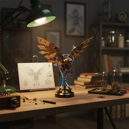  Steampunk mechanical eagle metal model on a vintage workbench, illuminated by a desk lamp, a perfect 3D puzzle for mechanical steampunk hobbyists.