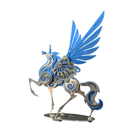 Striking blue and silver Pegasus metal model, a beautiful DIY 3D puzzle for fantasy enthusiasts. This unique Metal Kits collectible adds a touch of magic to any funny table display or office desk.