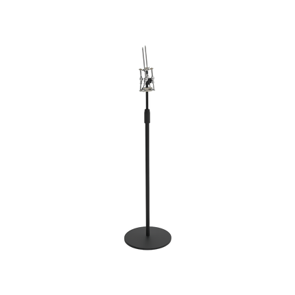 A sleek black display stand with a clear upper connector, designed to support various Metal Model Kits, enhancing the presentation of a DIY 3D puzzle as a funny table decor piece.