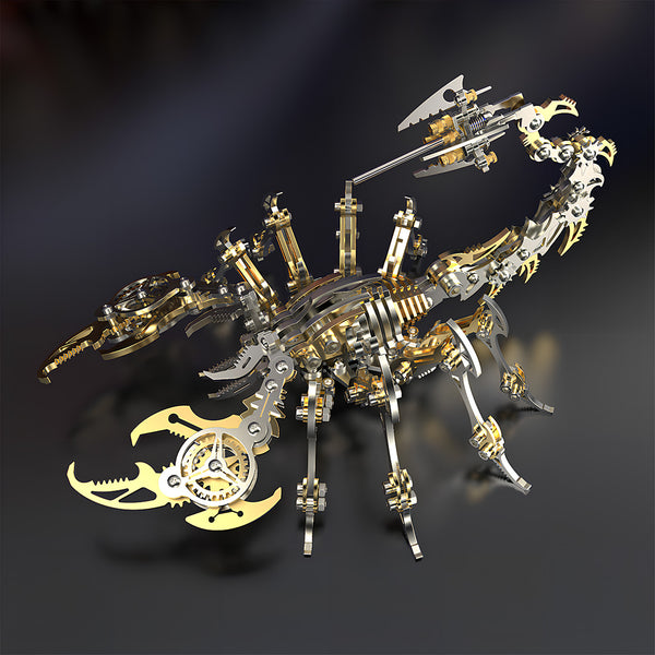 Steampunk Gold & Silver Scorpion 3D Puzzle Metal Model - Ornate DIY metal kit with brass accents, gear-driven joints, and intricate mechanical details. This 3D puzzle assembles into a vintage-industrial decor piece, blending classic steampunk aesthetics with poseable design to become a luxurious centerpiece for any funny table.