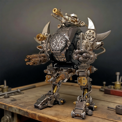  Impressive `steam punk mech` warrior `metal model` with a central watch display, showcasing intricate `mechanical steampunk` details and making a unique `3D puzzle` for advanced `metal kits` builders.
