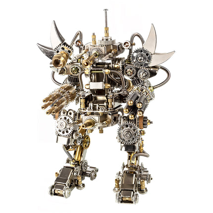 Front view of a majestic mechanical steampunk robot Taurus metal model 3D puzzle Metal Kit on a white background, showcasing its powerful design with intricate chrome and brass gears, prominent horns, and an array of mounted armaments. This highly detailed steam punk mech is a challenging and impressive steampunk puzzle.