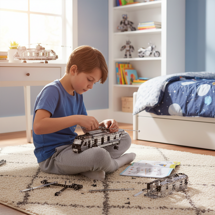 Table Funny Mechanical Helicopter 3D Metal Puzzle Kit for Kids - An engaging project for young aviation fans, engineering learners, and hands-on children, this creation from Table Funny presents a mechanical helicopter with metallic components, child-friendly structural mechanisms, and educational aviation styling, highlighted by safe assembly tools and an easy-to-follow instruction manual.