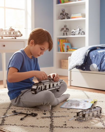 Table Funny Mechanical Helicopter 3D Metal Puzzle Kit for Kids - An engaging project for young aviation fans, engineering learners, and hands-on children, this creation from Table Funny presents a mechanical helicopter with metallic components, child-friendly structural mechanisms, and educational aviation styling, highlighted by safe assembly tools and an easy-to-follow instruction manual.