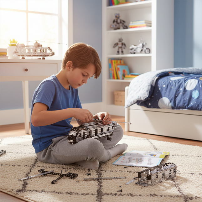 Table Funny Mechanical Helicopter 3D Metal Puzzle Kit for Kids - An engaging project for young aviation fans, engineering learners, and hands-on children, this creation from Table Funny presents a mechanical helicopter with metallic components, child-friendly structural mechanisms, and educational aviation styling, highlighted by safe assembly tools and an easy-to-follow instruction manual.