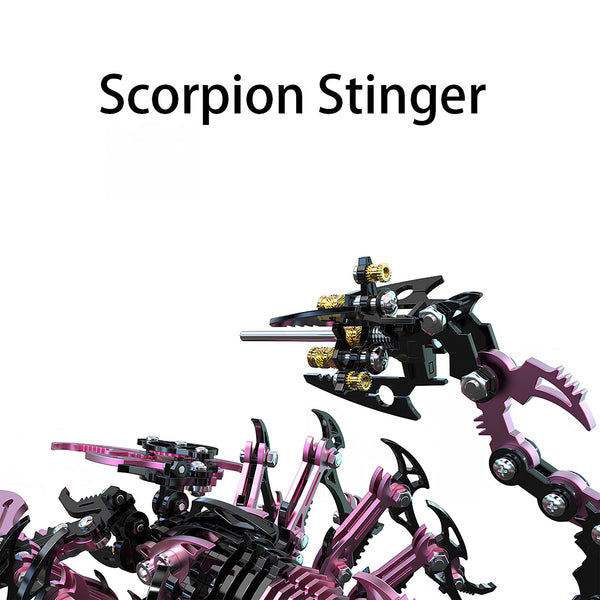 Scorpion Stinger Detail of Pink & Black DIY 3D Puzzle Metal Kits - Close-up of the movable, gear-equipped stinger on this metal model. This intricate component (part of the 3D puzzle kit) features polished pink metal, black mechanical structures, and golden accents—ensuring the assembled scorpion becomes a dynamic, eye-catching decor piece for any funny table.