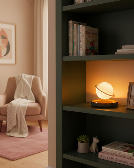 The magnetic levitation Saturn lamp floats above a textured base, nestled within a recessed shelf, casting a warm orange ambient glow
