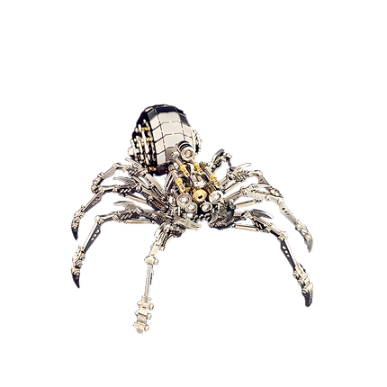 An intricate silver mechanical spider 3D puzzle metal model, a challenging DIY metal kit, with golden gears and a realistic design. This metal model is a unique and funny table decoration, perfect for adding a steampunk or industrial touch.