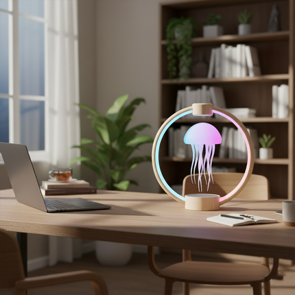  Levitating jellyfish lamp with a light wood frame on a modern wooden desk in a home office, adding a serene and funny table accent to a productive workspace