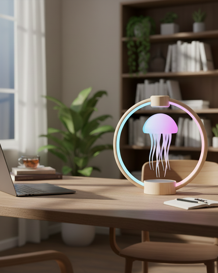 Tablefunny Colorful Magnetic Levitation Jellyfish Lamp - 360° Rotating Dimmable Ambient Night Light (Blue/Light Wood Grain Base)