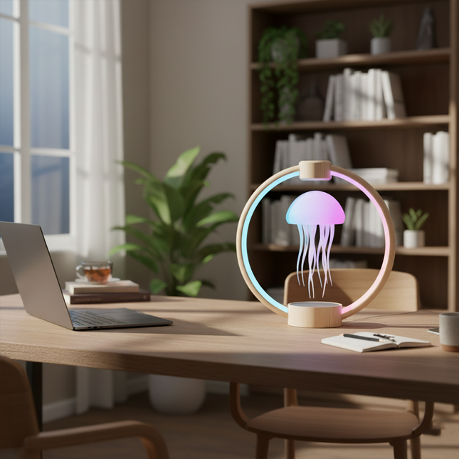 Tablefunny Colorful Magnetic Levitation Jellyfish Lamp - 360° Rotating Dimmable Ambient Night Light (Blue/Light Wood Grain Base)