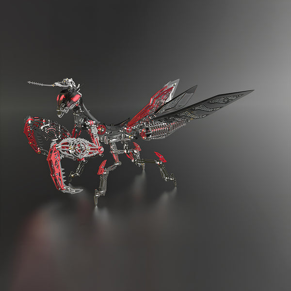 Edgy Red-Black Mechanical Mantis 3D Puzzle Metal Model - Hand-Assembled DIY Metal Kits as Bold Funny Table Statement Piece for Dark-Chic Spaces