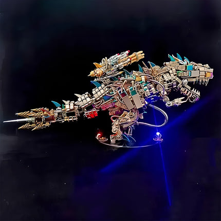 Full body side profile of a **Mechanical Tyrannosaurus** **metal model** featuring cyberpunk armor and blue ground lighting.