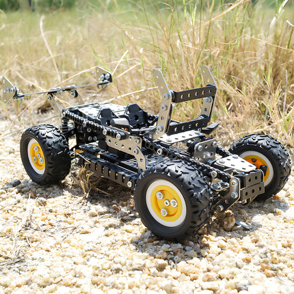 Outdoor close-up of a rugged off-road metal model racing car with yellow rims, showcasing the high-quality DIY 3D puzzle Metal Kits.
