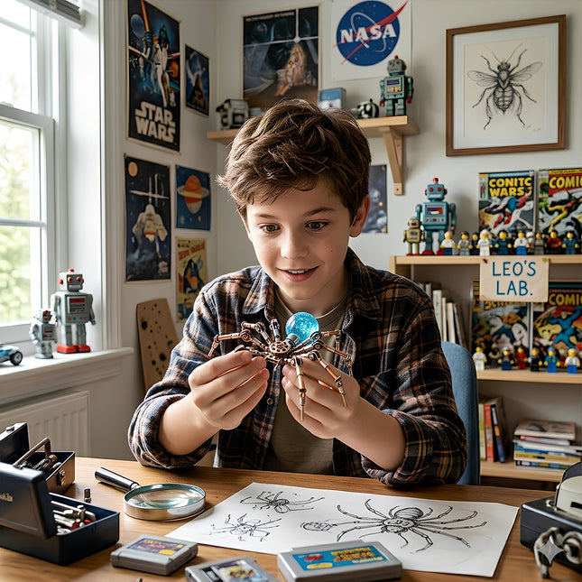 Creative workshop scene with a child admiring his finished metal model spider from TableFunny mechanical steampunk collection.