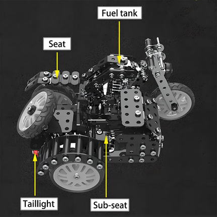 Detailed view of a DIY metal model motorcycle, highlighting components like the fuel tank, seat, sub-seat, and taillight. This 3D puzzle Metal Kits offers an intricate building challenge and a cool funny table display