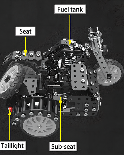 Detailed view of a DIY metal model motorcycle, highlighting components like the fuel tank, seat, sub-seat, and taillight. This 3D puzzle Metal Kits offers an intricate building challenge and a cool funny table display