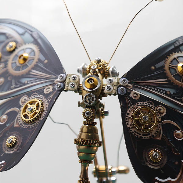 Close-up of a steampunk butterfly metal model's body and wings, highlighting intricate gears and mechanical steampunk details in this 3D puzzle.