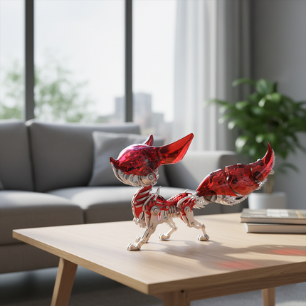  Completed red Fox Metal Kits figurine standing proudly on a modern coffee table, a stylish DIY 3D puzzle accent for any funny table.