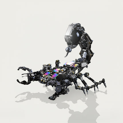 Table Funny 3D Puzzle Metal Kits Mechanical Scorpion Artwork - A striking creation for DIY enthusiasts, mechanical art lovers, and decor admirers, this piece from Table Funny is an elaborate mechanical scorpion assembled from 3D puzzle metal kits. It features a high-detail, articulated structure with iridescent metallic panels, exposed gear mechanics, and poseable tail/claw joints, paired with a futuristic industrial aesthetic. Highlighted by its precision metal puzzle craftsmanship