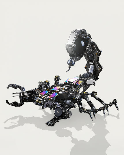 Table Funny 3D Puzzle Metal Kits Mechanical Scorpion Artwork - A striking creation for DIY enthusiasts, mechanical art lovers, and decor admirers, this piece from Table Funny is an elaborate mechanical scorpion assembled from 3D puzzle metal kits. It features a high-detail, articulated structure with iridescent metallic panels, exposed gear mechanics, and poseable tail/claw joints, paired with a futuristic industrial aesthetic. Highlighted by its precision metal puzzle craftsmanship