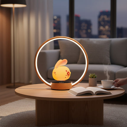  Magnetic levitation bunny lamp floating inside a wooden ring — floral patterned levitating LED night light with warm glow, ideal for living rooms, bedside and unique gifts
