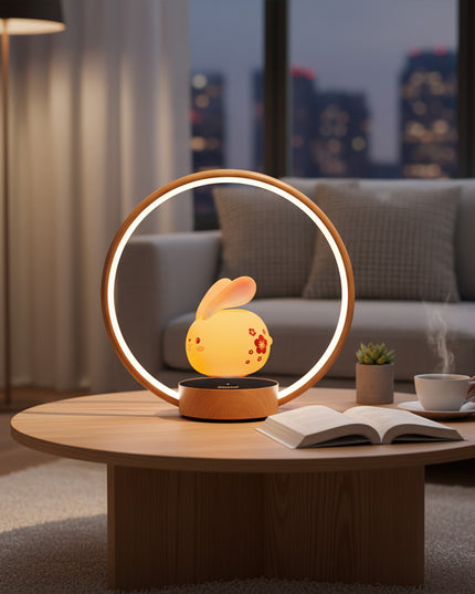 Magnetic levitation bunny lamp floating inside a wooden ring — floral patterned levitating LED night light with warm glow, ideal for living rooms, bedside and unique gifts