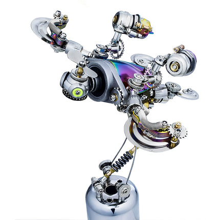 Articulated 3D metallic puzzle mechanical turtle in an upright pose, a complex metal model kit / puzzle mécanique métal with vibrant details.