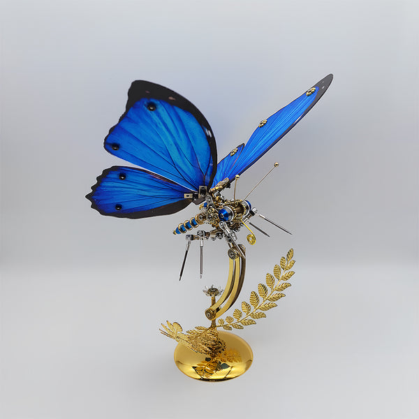 Engaging 3D puzzle metal model of mechanical butterfly - diy craft kit with rewarding assembly fun, finished as stylish funny table ornament with glossy blue wings & delicate gearwork, perfect for creative leisure time