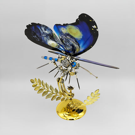 An exquisite artistic steampunk puzzle, this mechanical butterfly features wings beautifully adorned with Van Gogh's "The Starry Night," gracefully perched on a golden stand. This unique metal model exemplifies intricate mechanical steampunk design, making it a sophisticated 3D puzzle Metal Kit for art enthusiasts or a captivating steampunk mech decorative piece that truly merges classical art with precision engineering.