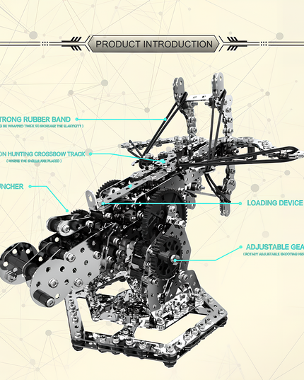 DIY 3D puzzle Metal Kits: A detailed product introduction for a metal model crossbow, highlighting features like strong rubber band, dragon hunting crossbow track, launcher, loading device, and adjustable gear, perfect for a funny table display or engaging hobbyists