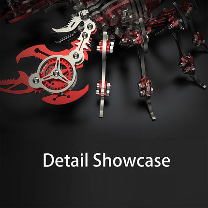 Crimson Scorpion 3D Puzzle Metal Model Detail Showcase - Close-up of the DIY kit’s gear-integrated pincer and articulated leg joints, featuring glossy red metal plates and precision screw connections. This intricate 3D puzzle component highlights the kit’s mechanical craftsmanship, ensuring the finished piece delivers both visual flair and functional movement as a standout funny table decor.