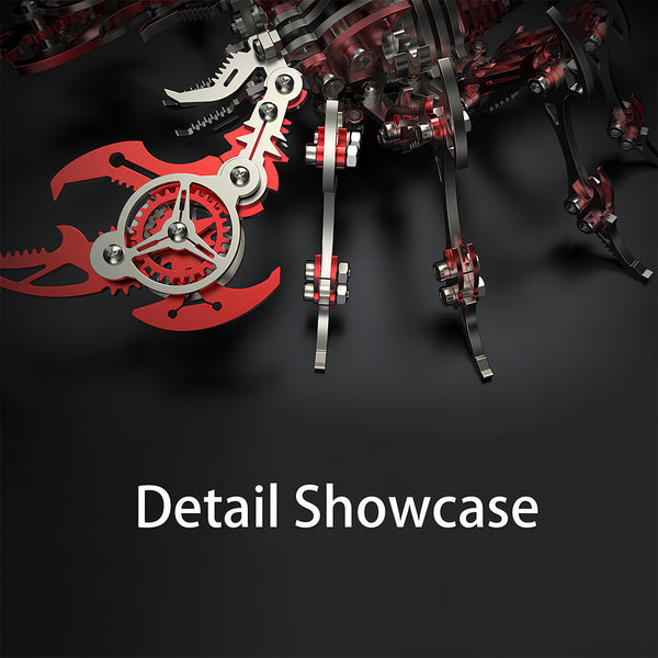 Crimson Scorpion 3D Puzzle Metal Model Detail Showcase - Close-up of the DIY kit’s gear-integrated pincer and articulated leg joints, featuring glossy red metal plates and precision screw connections. This intricate 3D puzzle component highlights the kit’s mechanical craftsmanship, ensuring the finished piece delivers both visual flair and functional movement as a standout funny table decor.