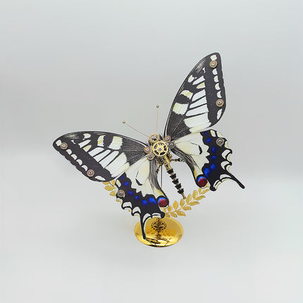 Black-white-blue-red eye-spotted long-tailed steampunk butterfly DIY 3D puzzle metal model - mechanical funny table decor from metal kits, golden leaf stand with embedded gear accents