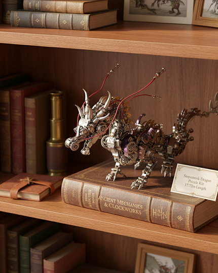 Vintage-style steampunk dragon metal model, a sophisticated 3D puzzle metal kit, proudly displayed on a stack of old books on a wooden shelf, with a label indicating "Steampunk Dragon Puzzle Kit". An excellent DIY project for any funny table.