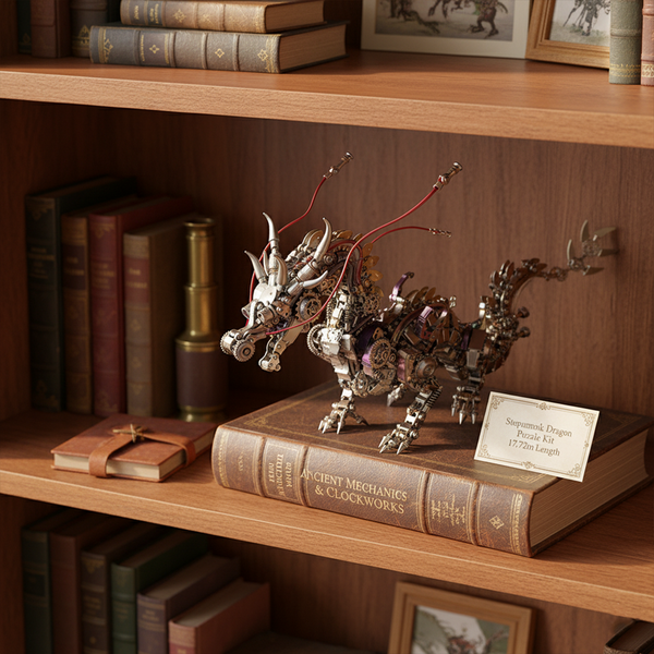 Vintage-style steampunk dragon metal model, a sophisticated 3D puzzle metal kit, proudly displayed on a stack of old books on a wooden shelf, with a label indicating "Steampunk Dragon Puzzle Kit". An excellent DIY project for any funny table.
