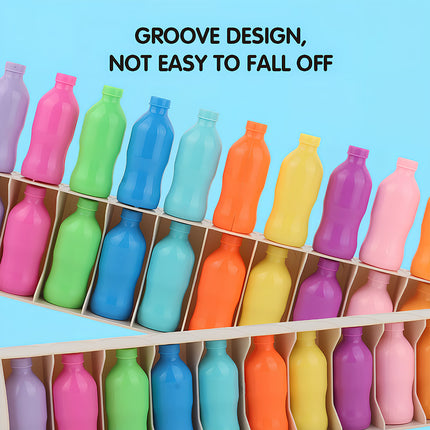 Tablefunny Bottle Collision game featuring 20 colorful, grooved-design bottles securely standing in a wooden holder - the anti-slip design ensures bottles stay in place for safe and fun playtime