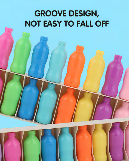 Tablefunny Bottle Collision game featuring 20 colorful, grooved-design bottles securely standing in a wooden holder - the anti-slip design ensures bottles stay in place for safe and fun playtime