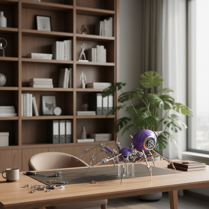  A vibrant purple and metallic spider model with intricate legs, displayed on a wooden desk in a modern office setting with a bookshelf and window in the background. This unique metal model is the impressive result of a DIY project from our 3D puzzle metal kits, perfect for adding a sophisticated and funny table accent to any workspace.