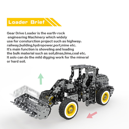 Sleek DIY 3D puzzle Metal Kits loader model with movable bucket arm and yellow wheels, showcasing the Gear Drive Loader concept for construction-themed metal model builds