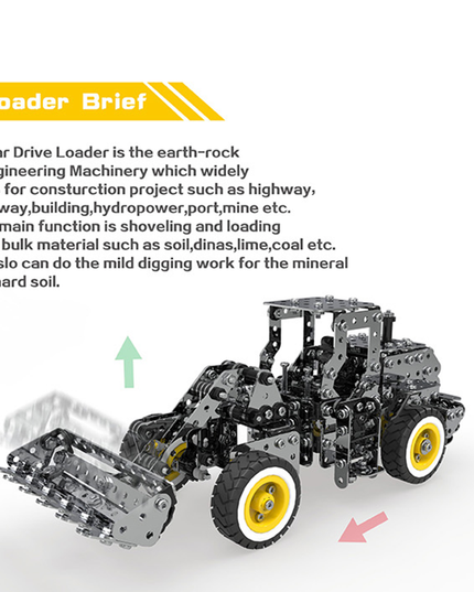 Sleek DIY 3D puzzle Metal Kits loader model with movable bucket arm and yellow wheels, showcasing the Gear Drive Loader concept for construction-themed metal model builds