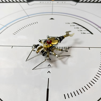 Intricate steampunk beetle metal model kit on a white background, a challenging 3D puzzle for mechanical steampunk fans.