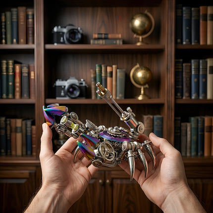  Hands proudly displaying a finished colorful metal scorpion 3d puzzle, a unique DIY metal model kit perfect for any funny table decor from tablefunny.com.