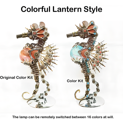 This Steampunk Mechanical Seahorse 3D Puzzle Metal Kit comes in a "Colorful Lantern Style" with two variants: the Original Color Kit (featuring warm, metallic tones) and the Color Kit (with vibrant blue and multi-colored accents). Both designs integrate intricate gears, mechanical components, and an illuminated spherical element that supports remote switching between 16 colors. Set on your funny table as a focal display