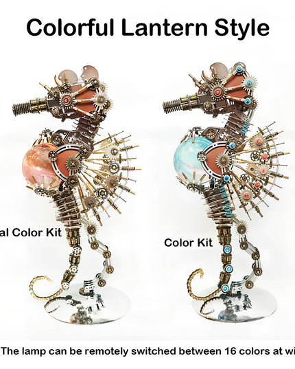 This Steampunk Mechanical Seahorse 3D Puzzle Metal Kit comes in a "Colorful Lantern Style" with two variants: the Original Color Kit (featuring warm, metallic tones) and the Color Kit (with vibrant blue and multi-colored accents). Both designs integrate intricate gears, mechanical components, and an illuminated spherical element that supports remote switching between 16 colors. Set on your funny table as a focal display