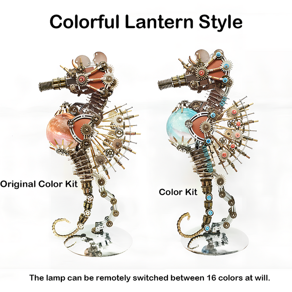 This Steampunk Mechanical Seahorse 3D Puzzle Metal Kit comes in a "Colorful Lantern Style" with two variants: the Original Color Kit (featuring warm, metallic tones) and the Color Kit (with vibrant blue and multi-colored accents). Both designs integrate intricate gears, mechanical components, and an illuminated spherical element that supports remote switching between 16 colors. Set on your funny table as a focal display