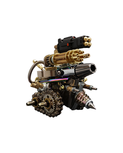 Tablefunny DIY Metal Assembly Mechanical Turret Tank Desktop Model - A handcrafted steampunk sculpture featuring golden gears, a drill cannon, and futuristic mechanical design for creative desktop decoration