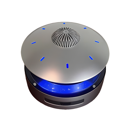 Floating wireless speaker shaped like a UFO, featuring ambient blue lighting
