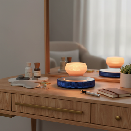 Magnetic levitation aromatherapy diffuser, with a soft orange glow encircling a blue-veined base. Placed before the vanity mirror, it complements skincare product displays with an elegant, serene, and sophisticated aesthetic